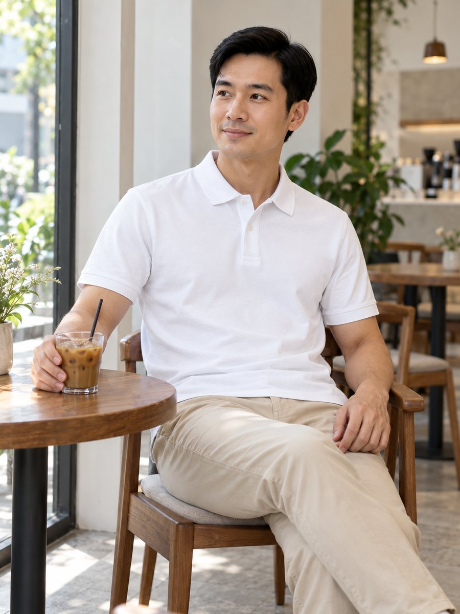 Polo trắng ngồi cà phê